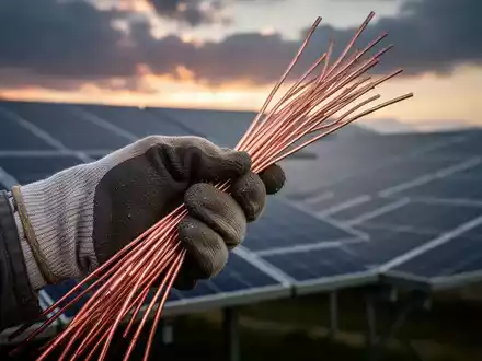 Eine Nahaufnahme einer behandschuhten Hand, die ein Bündel glänzender Kupferdrähte hält, vor einem unscharfen Solarpark bei Dämmerung. - Foto: über boerse-global.de