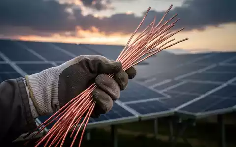 Eine Nahaufnahme einer behandschuhten Hand, die ein Bündel glänzender Kupferdrähte hält, vor einem unscharfen Solarpark bei Dämmerung. - Foto: über boerse-global.de