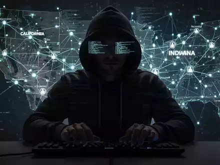 A shadowy hacker figure silhouetted against a digital map showing critical infrastructure, symbolizing cyber threats to utilities and government. - Foto: über boerse-global.de