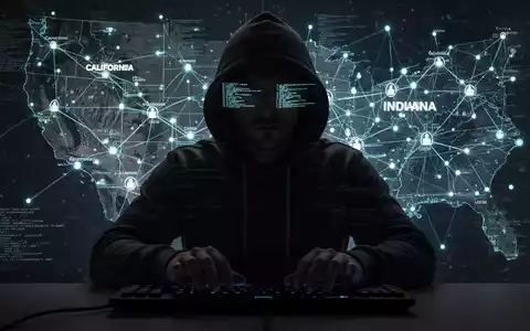 A shadowy hacker figure silhouetted against a digital map showing critical infrastructure, symbolizing cyber threats to utilities and government. - Foto: über boerse-global.de