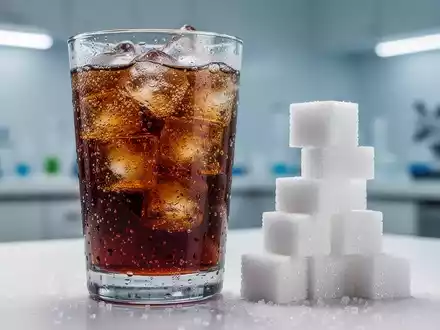 Ein Glas zuckerhaltiges Getränk mit Eiswürfeln und ein Stapel Würfelzucker symbolisieren hohen Zuckerkonsum und Diabetesprävention. - Foto: über boerse-global.de