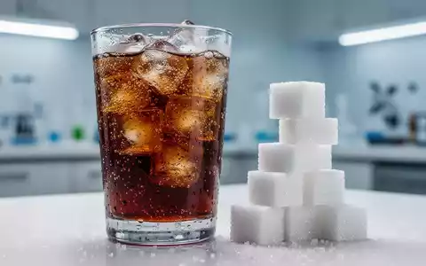 Ein Glas zuckerhaltiges Getränk mit Eiswürfeln und ein Stapel Würfelzucker symbolisieren hohen Zuckerkonsum und Diabetesprävention. - Foto: über boerse-global.de