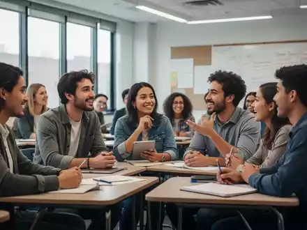 Eine vielfältige Gruppe von Erwachsenen und Studenten diskutiert lebhaft in einem modernen Klassenzimmer, das soziales und politisches Lernen symbolisiert. - Foto: über boerse-global.de