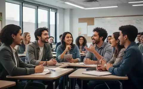 Eine vielfältige Gruppe von Erwachsenen und Studenten diskutiert lebhaft in einem modernen Klassenzimmer, das soziales und politisches Lernen symbolisiert. - Foto: über boerse-global.de