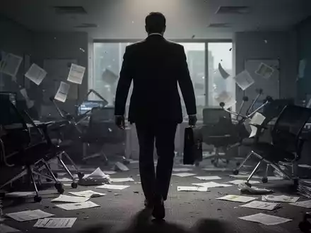 Eine dunkle Silhouette einer Person mit Aktenkoffer geht von einem chaotischen Büro weg, das Betrug und Korruption symbolisiert. - Foto: über boerse-global.de