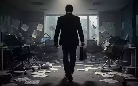 Eine dunkle Silhouette einer Person mit Aktenkoffer geht von einem chaotischen Büro weg, das Betrug und Korruption symbolisiert. - Foto: über boerse-global.de