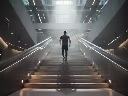Eine Person steigt eine moderne, gut beleuchtete Treppe hinauf, symbolisch für Fortschritt und Gesundheit. - Foto: über boerse-global.de