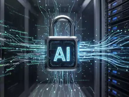 A digital padlock with an 'AI' icon, surrounded by lines of code and data flowing into a secure server rack, symbolizing API key security. - Foto: über boerse-global.de