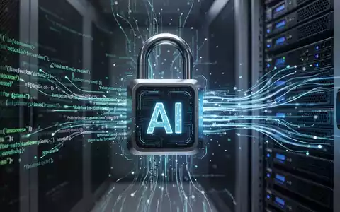 A digital padlock with an 'AI' icon, surrounded by lines of code and data flowing into a secure server rack, symbolizing API key security. - Foto: über boerse-global.de