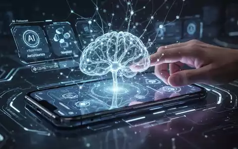 A hand interacting with a futuristic smartphone displaying an AI-driven interface with glowing neural network graphics. - Foto: über boerse-global.de