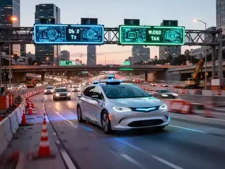 A Waymo robotaxi driving through a busy freeway construction zone with orange cones and digital signs, highlighting operational challenges. - Foto: über boerse-global.de