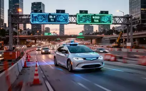A Waymo robotaxi driving through a busy freeway construction zone with orange cones and digital signs, highlighting operational challenges. - Foto: über boerse-global.de