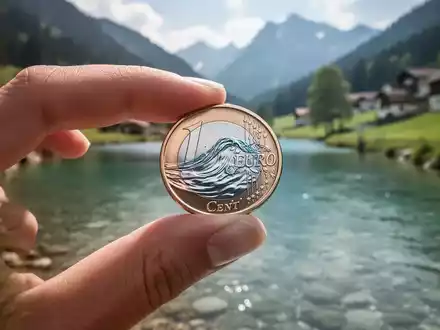 Eine Hand hält eine Euro-Cent-Münze, die ein stilisiertes Bild von fließendem Wasser reflektiert, vor einer bayerischen Landschaft. - Foto: über boerse-global.de