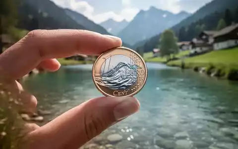 Eine Hand hält eine Euro-Cent-Münze, die ein stilisiertes Bild von fließendem Wasser reflektiert, vor einer bayerischen Landschaft. - Foto: über boerse-global.de