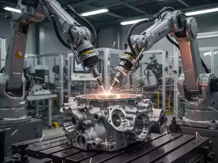 A robotic arm precisely finishes a metal component in a high-tech defense manufacturing facility, symbolizing automation in industry. - Foto: über boerse-global.de