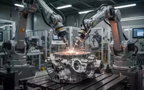 A robotic arm precisely finishes a metal component in a high-tech defense manufacturing facility, symbolizing automation in industry. - Foto: über boerse-global.de