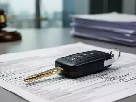 Ein Autoschlüssel eines privaten Fahrzeugs liegt auf einem Steuerformular, mit unscharfem Hintergrund eines Büros oder juristischer Dokumente. - Foto: über boerse-global.de