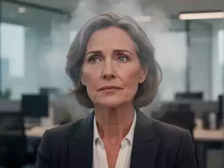 Eine nachdenkliche Frau mittleren Alters in einem modernen Büro, die Brain Fog und kognitive Herausforderungen in den Wechseljahren symbolisiert. - Foto: über boerse-global.de