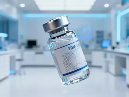 Nahaufnahme einer stilisierten pharmazeutischen Ampulle in einem modernen Labor, die Arzneimittelentwicklung und behördliche Entscheidungen darstellt. - Foto: über boerse-global.de