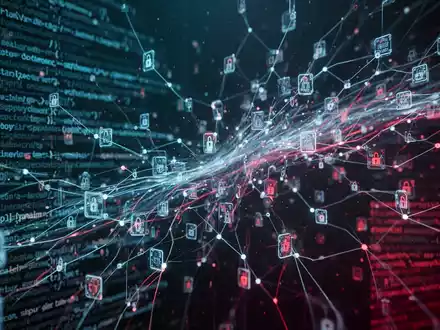 Digital representation of a complex supply chain network with glowing lines of code and data packets, symbolizing a cyber attack. - Foto: über boerse-global.de