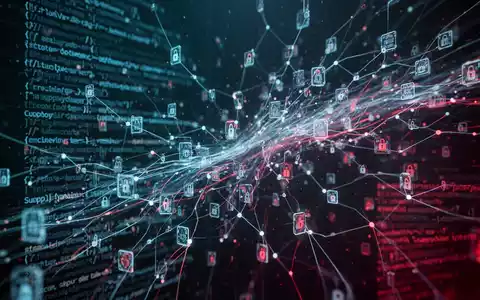 Digital representation of a complex supply chain network with glowing lines of code and data packets, symbolizing a cyber attack. - Foto: über boerse-global.de