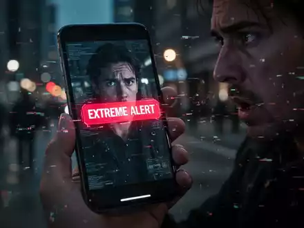 A smartphone displays a cryptic 'Extreme Alert' notification, held in a hand in a dimly lit, anxious urban setting, symbolizing a cyberattack. - Foto: über boerse-global.de