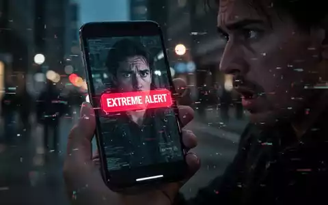 A smartphone displays a cryptic 'Extreme Alert' notification, held in a hand in a dimly lit, anxious urban setting, symbolizing a cyberattack. - Foto: über boerse-global.de