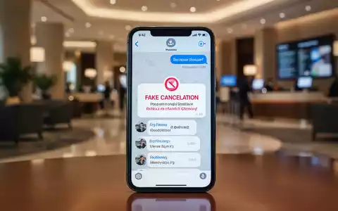 Ein Smartphone zeigt eine betrügerische Stornierungsnachricht in einer Messaging-App vor einem unscharfen Hotelhintergrund. - Foto: über boerse-global.de