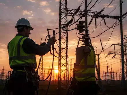 Ein Stromleitungsarbeiter in Schutzkleidung, der vor einem dramatischen Sonnenuntergang an Hochspannungsleitungen arbeitet. - Foto: über boerse-global.de