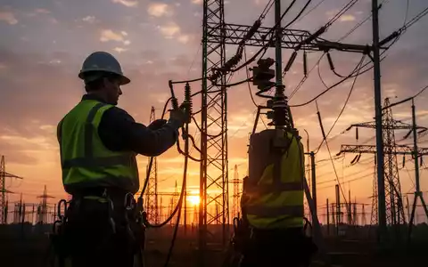 Ein Stromleitungsarbeiter in Schutzkleidung, der vor einem dramatischen Sonnenuntergang an Hochspannungsleitungen arbeitet. - Foto: über boerse-global.de