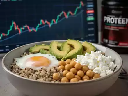 Eine herzhafte Frühstücks-Bowl mit Eiern, Quinoa, Avocado, Kichererbsen und Hüttenkäse, im Hintergrund verschwommen ein Finanzdiagramm. - Foto: über boerse-global.de