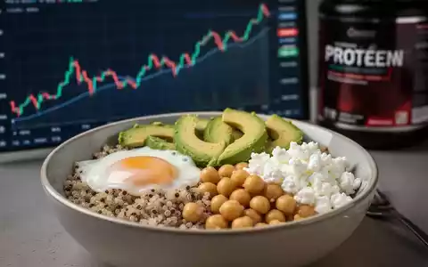 Eine herzhafte Frühstücks-Bowl mit Eiern, Quinoa, Avocado, Kichererbsen und Hüttenkäse, im Hintergrund verschwommen ein Finanzdiagramm. - Foto: über boerse-global.de