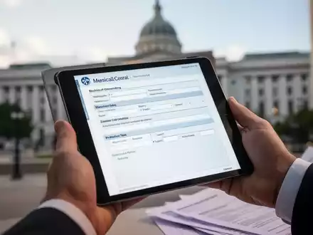 Eine Hand hält ein Tablet, das eine digitale Krankmeldung anzeigt, im Hintergrund verschwimmen Behördengebäude. - Foto: über boerse-global.de