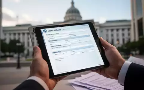 Eine Hand hält ein Tablet, das eine digitale Krankmeldung anzeigt, im Hintergrund verschwimmen Behördengebäude. - Foto: über boerse-global.de