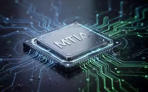 Nahaufnahme eines futuristischen MTIA-Mikrochips mit leuchtenden Leiterbahnen auf dunklem Hintergrund. - Foto: über boerse-global.de