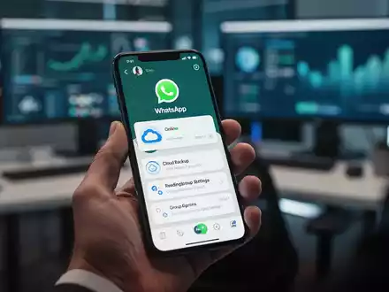 A close-up of a smartphone screen showing the WhatsApp application with new features, including a green online dot and backup settings. - Foto: über boerse-global.de