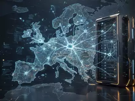 Holographic neural networks and data streams projected onto a map of Europe, emanating from a server rack, symbolizing European AI development. - Foto: über boerse-global.de
