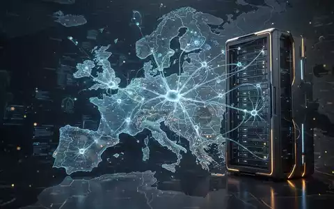 Holographic neural networks and data streams projected onto a map of Europe, emanating from a server rack, symbolizing European AI development. - Foto: über boerse-global.de