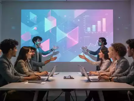 A vibrant digital presentation projected on a wall, with professionals collaborating around a table, symbolizing design and education. - Foto: über boerse-global.de