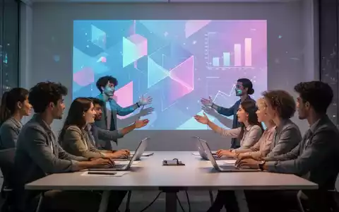 A vibrant digital presentation projected on a wall, with professionals collaborating around a table, symbolizing design and education. - Foto: über boerse-global.de