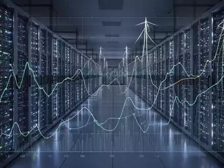 A vast data center at night, with glowing server racks and subtle digital overlays representing energy consumption and power grids. - Foto: über boerse-global.de