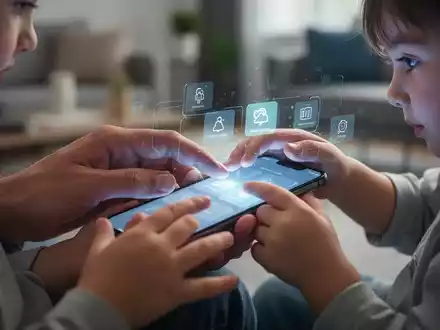 Elternhände leiten Kinderhände auf einem Smartphone-Bildschirm, mit einer digitalen Benutzeroberfläche, die elterliche Kontrolle andeutet. - Foto: über boerse-global.de