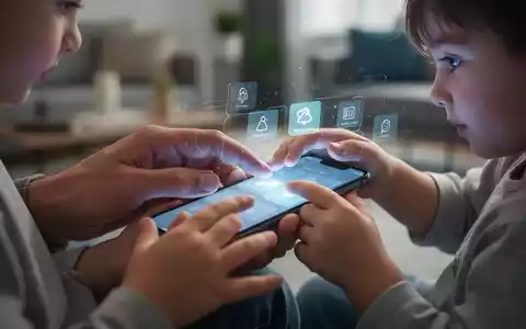 Elternhände leiten Kinderhände auf einem Smartphone-Bildschirm, mit einer digitalen Benutzeroberfläche, die elterliche Kontrolle andeutet. - Foto: über boerse-global.de