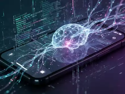 Abstract representation of AI with digital data streams and a subtle UI glitch on a smartphone screen. - Foto: über boerse-global.de