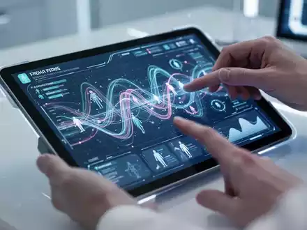 Eine Hand interagiert mit einer digitalen Schnittstelle auf einem Tablet, die Daten und Navigationswerkzeuge für digitale Gesundheitsdienste anzeigt. - Foto: über boerse-global.de