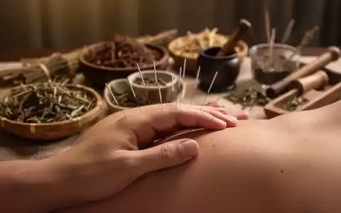 Nahaufnahme einer Hand, die Akupunkturnadeln empfängt, mit verschwommenem Hintergrund aus TCM-Kräutern und -Werkzeugen. - Foto: über boerse-global.de