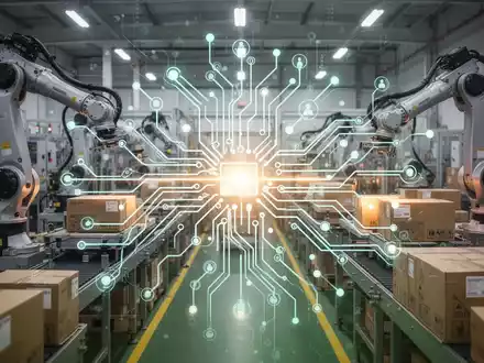 Eine futuristische Leiterplatte mit leuchtenden Verbindungen über einer modernen Fabrikhalle mit Roboterarmen, die Verpackungen handhaben. - Foto: über boerse-global.de