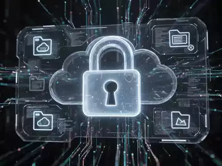 A glowing digital padlock icon superimposed over a futuristic interface with file icons and data streams, symbolizing cloud security risks. - Foto: über boerse-global.de