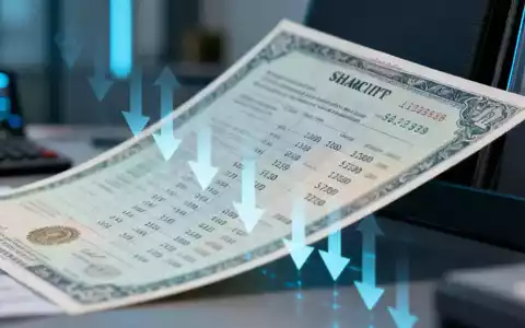 Ein Aktienzertifikat mit Finanzdaten, überlagert von fallenden Pfeilen, die eine Preisanpassung symbolisieren, in einem Bürokontext. - Foto: über boerse-global.de