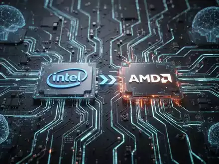 Close-up of a sophisticated circuit board with glowing blue and red lines, symbolizing data flow and collaboration between Intel and AMD. - Foto: über boerse-global.de